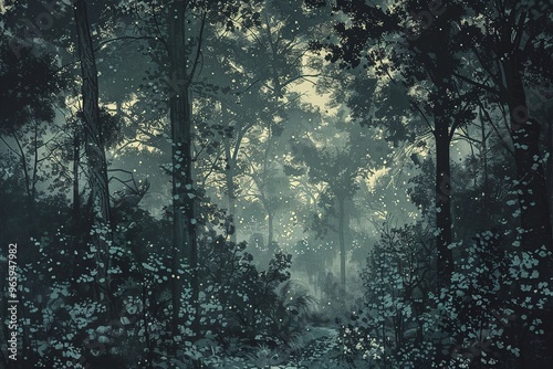 Whispering Forest: Halftone dots mimic the dense foliage of a shadowy forest, creating a mysterious atmosphere.