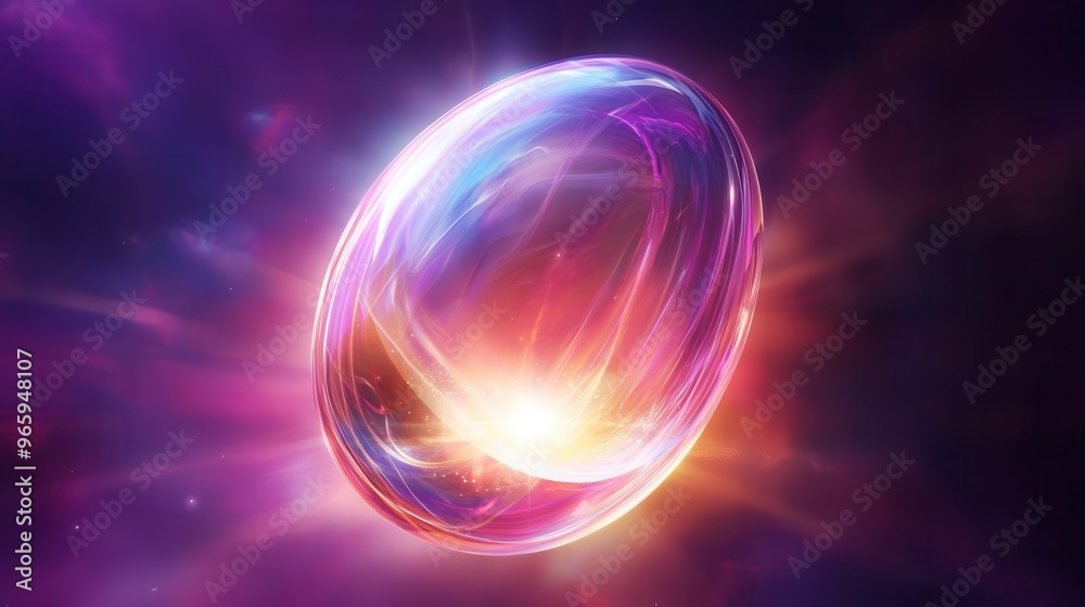 Futuristic Translucent Egg with Central Hole Floating in Space Illuminated by Colorful Light Beams - Vibrant Illustration Futuristic Translucent Egg with Central Hole Floating in Space Illuminated by Colorful Light Beams - Vibrant Illustration