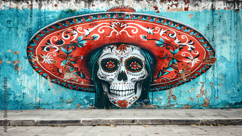 Obraz premium Large Day of the Dead mural, vibrant colors and intricate designs, street art.