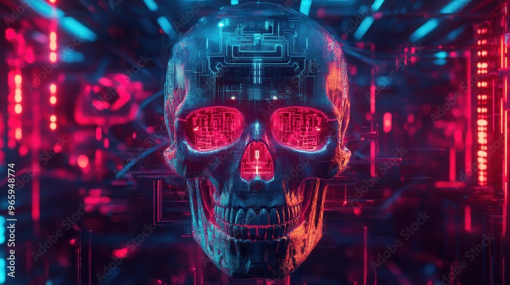 Cyberpunk Futuristic Robotic Skull with Glowing Hole - Neon Cybernetic Illustration Cyberpunk Futuristic Robotic Skull with Glowing Hole - Neon Cybernetic Illustration