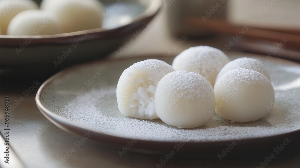 A minimalist dessert plate featuring white mochi balls filled with creamy coconut, dusted with powdered sugar, highlighting the simplicity of Japanese sweets, closeup A minimalist dessert plate featuring white mochi balls filled with creamy coconut, dusted with powdered sugar, highlighting the simplicity of Japanese sweets, closeup