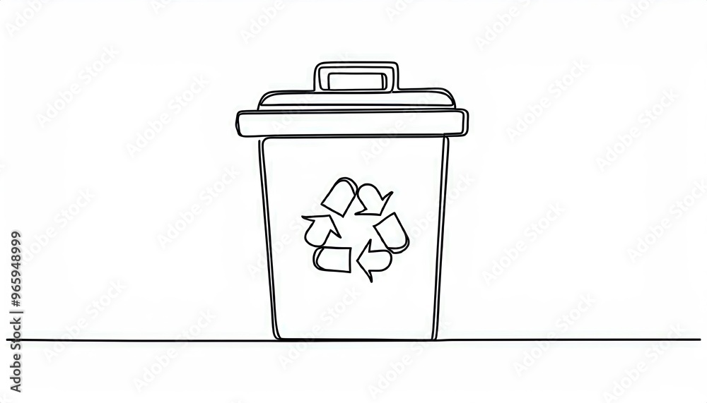 Single continuous line drawing of waste bin with recycling sign, isolated on white background Single continuous line drawing of waste bin with recycling sign, isolated on white background