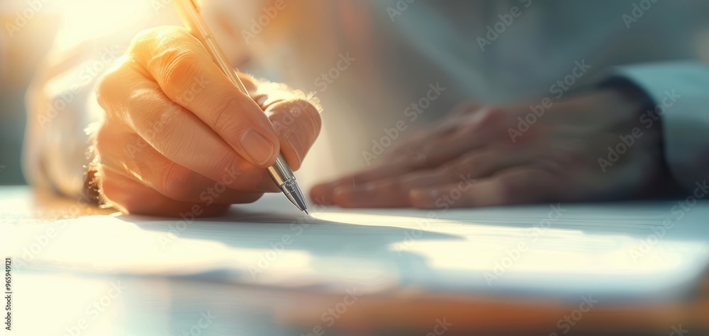 Obraz premium Close-up of a hand writing on paper with a pen, symbolizing creativity and business, illuminated by natural light.
