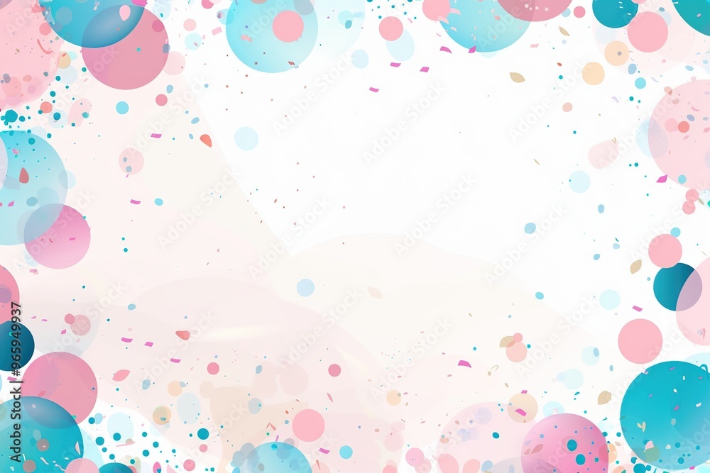 there is a white background with confetti and a pink and blue border there is a white background with confetti and a pink and blue border