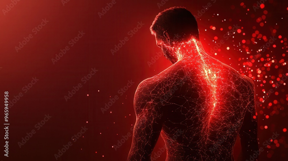 Ethereal Bruises Constellation on Muscular Torso with Futuristic Holograms in Soft Red Light - Abstract Body Art Concept