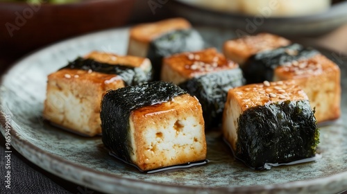 Artistic shot of tofu squares wrapped in nori seaweed, pan-seared to perfection, served with a soy-ginger glaze, modern Japanese cuisine