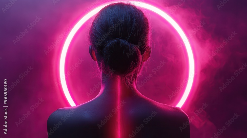 Cyberpunk Beauty - Futuristic Illustration of Woman's Back with Glowing Bruises in Neon Pink Light Cyberpunk Beauty - Futuristic Illustration of Woman's Back with Glowing Bruises in Neon Pink Light