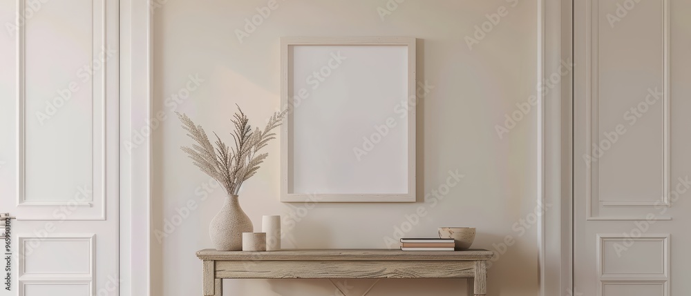 A minimalistic interior scene featuring a blank frame, vase, and candles, perfect for modern home decor inspiration. A minimalistic interior scene featuring a blank frame, vase, and candles, perfect for modern home decor inspiration.