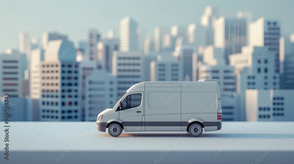 A modern delivery van parked against a vibrant city skyline, symbolizing transportation and logistics in an urban setting. A modern delivery van parked against a vibrant city skyline, symbolizing transportation and logistics in an urban setting.