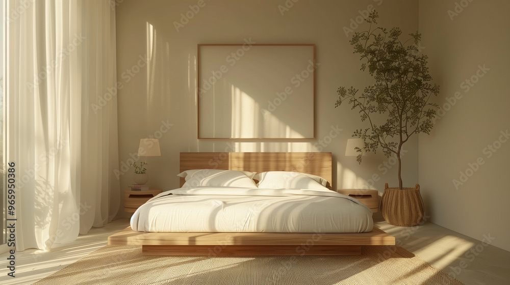 A serene bedroom featuring wooden bed frame, soft bedding, and natural light streaming through large windows. minimalist decor includes plant and cozy atmosphere. A serene bedroom featuring wooden bed frame, soft bedding, and natural light streaming through large windows. minimalist decor includes plant and cozy atmosphere.