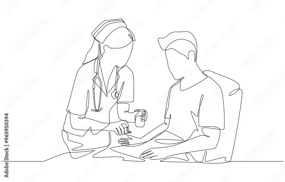 Continuous one line drawing of nurse dispensing medication to a patient on bed, inpatient treatment concept, single line art. Continuous one line drawing of nurse dispensing medication to a patient on bed, inpatient treatment concept, single line art.