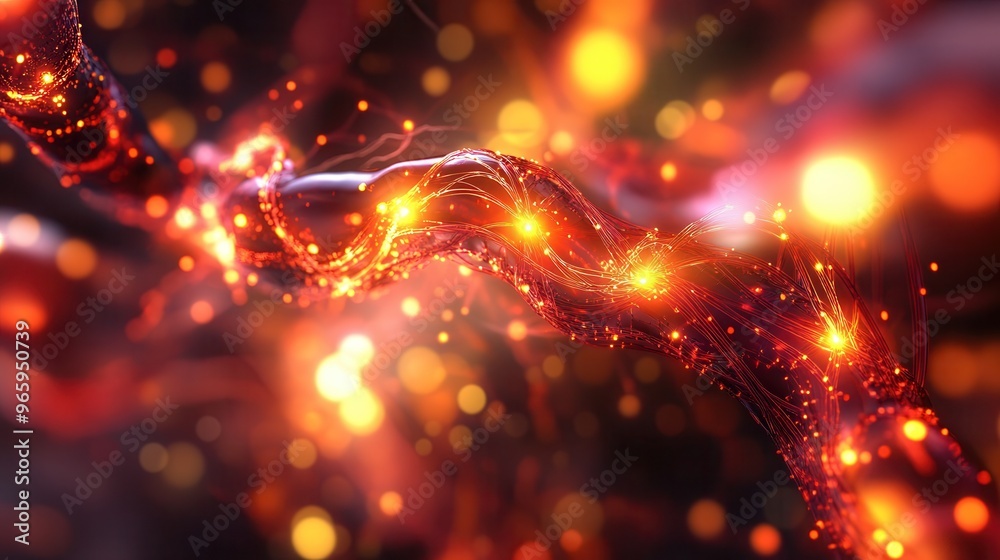 Nanotechnology Healing Torn Muscle with Glowing Nanobots in Red and Orange Light Nanotechnology Healing Torn Muscle with Glowing Nanobots in Red and Orange Light