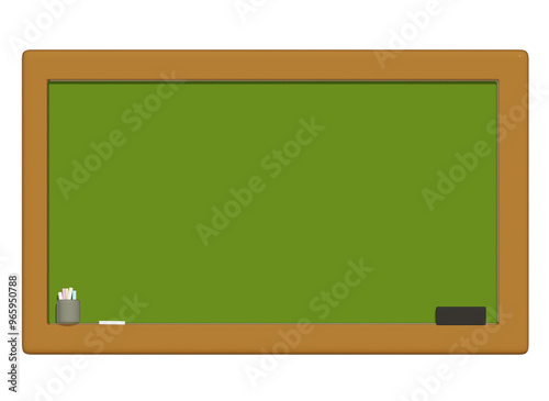 Blank chalkboard in school classroom realistic 3D illustration. Green mockup board with chalk and sponge 3d object on white background