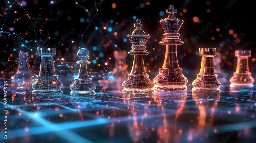 Futuristic Holographic Chess Battle - Intense Strategy Game with Glowing Pieces on Dark High-Tech Background