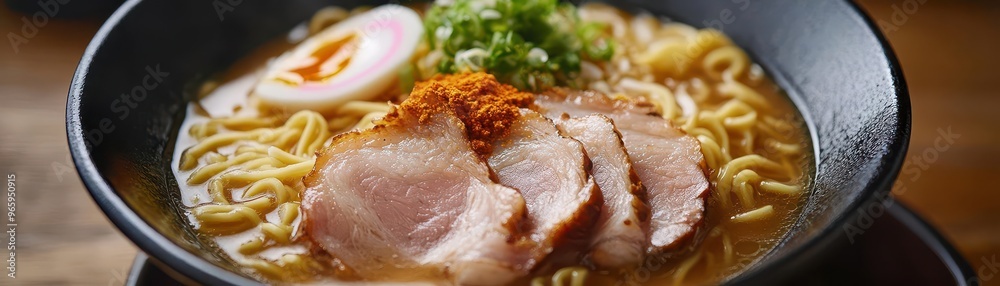 Detailed closeup of tonkotsu ramen featuring melt-in-your-mouth chashu pork, rich and cloudy broth, and a dash of spicy miso paste, traditional Japanese food Detailed closeup of tonkotsu ramen featuring melt-in-your-mouth chashu pork, rich and cloudy broth, and a dash of spicy miso paste, traditional Japanese food