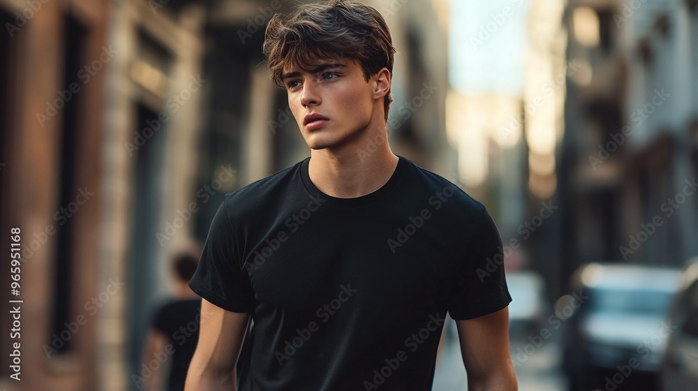 Fototapeta premium male model in black cotton t-shirt on city street featuring casual fashion style and urban menswear trendy look for modern streetwear outfit