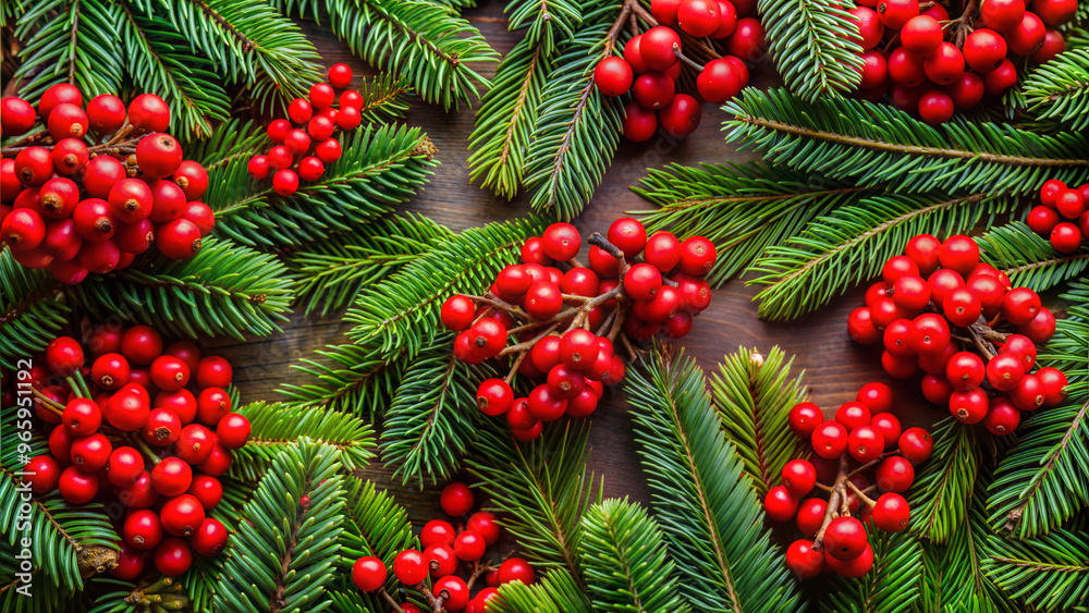 Fresh green pine branches with bright red berries on a wooden surface for holiday decoration
Fresh green pine branches with bright red berries on a wooden surface for holiday decoration