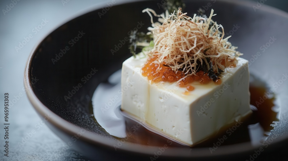 High-angle shot of a chilled tofu dish topped with finely shredded nori, grated ginger, and a splash of soy sauce, minimalist Japanese cuisine High-angle shot of a chilled tofu dish topped with finely shredded nori, grated ginger, and a splash of soy sauce, minimalist Japanese cuisine