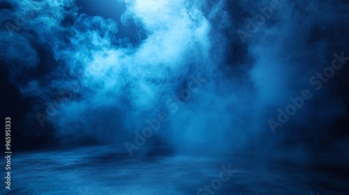 smoke and mist in a dark blue room with light on the floor creating a mystical atmosphere for a product banner display