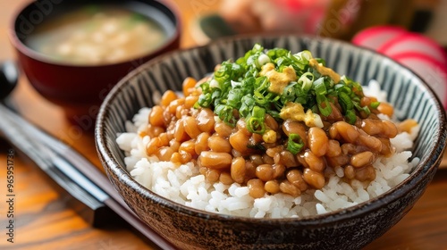 Natto mixed with finely chopped scallions and mustard, served over rice with a side of miso soup and pickled radish, Japanese comfort food, closeup