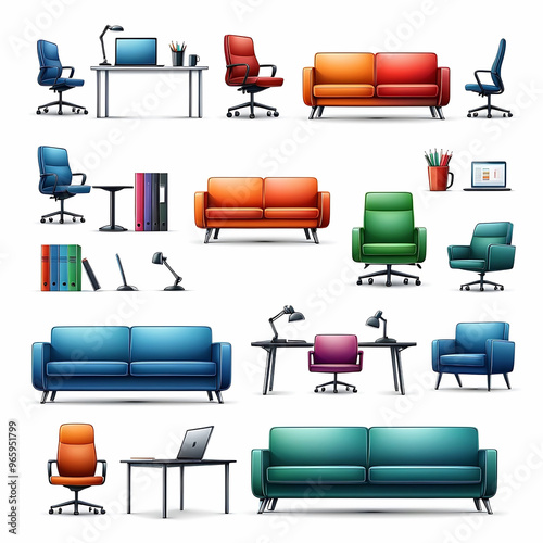 Set of modern home decor items. Sofa, armchair, chair, lamp, desk, computer, office room decoration. Isolated modern illustrations on white background. photo