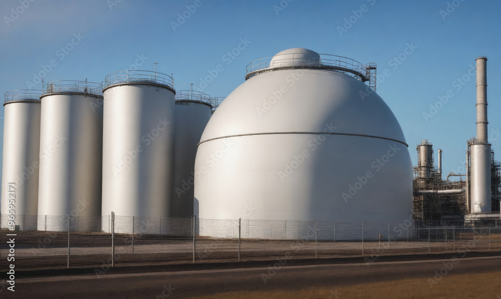 Large, white storage tanks and a dome-shaped structure stand on a clear day Large, white storage tanks and a dome-shaped structure stand on a clear day