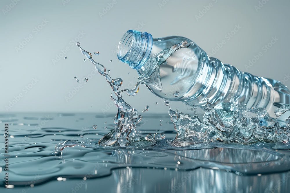 A spilled water bottle creating splashes on a reflective surface, showcasing the beauty of fluid motion and transparency. A spilled water bottle creating splashes on a reflective surface, showcasing the beauty of fluid motion and transparency.
