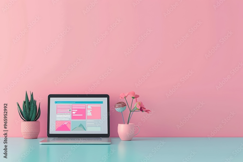 A stylish workspace featuring a laptop, plant, and flowers against a pink background, perfect for modern aesthetics.