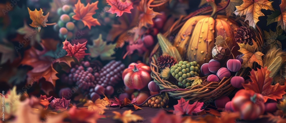 Fototapeta premium A vibrant autumn scene featuring a basket filled with colorful fruits and decorative leaves, capturing the essence of fall harvest.