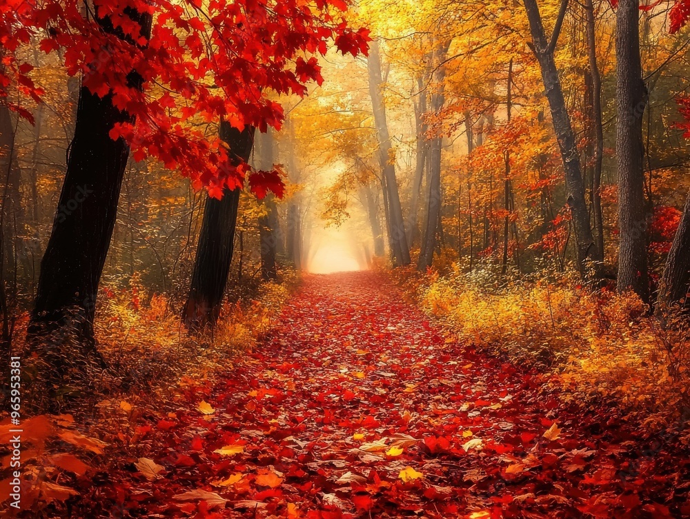 Fototapeta premium Misty forest path covered with red autumn leaves illuminated by soft sunlight through trees, Ai Generation