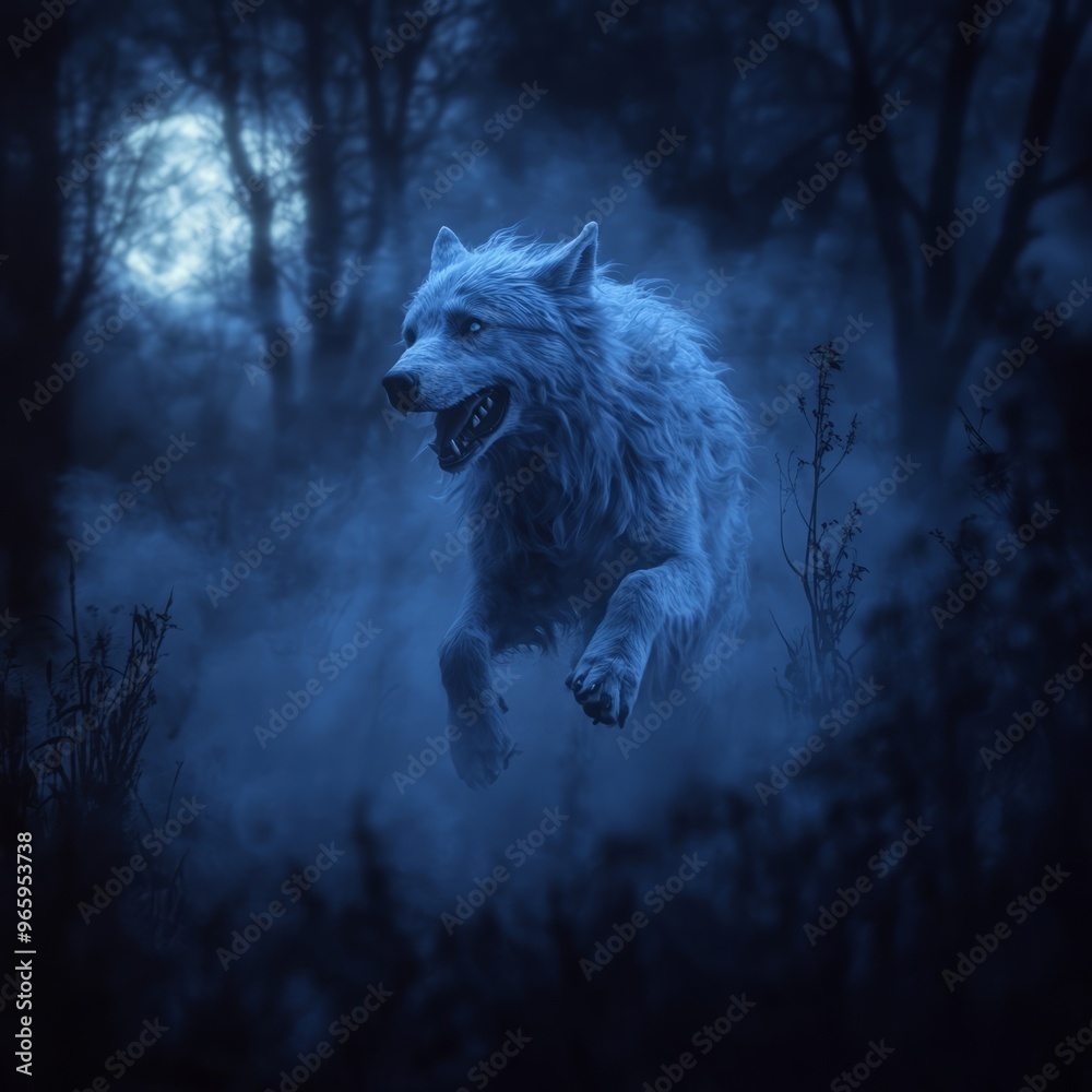 A ghostly wolf runs through a misty forest under a full moon. A ghostly wolf runs through a misty forest under a full moon.