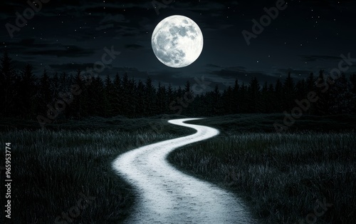 A moonlit path in a forest, leading to nowhere, aimlessness, lost in life s journey photo