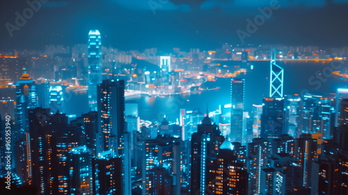 Wallpaper Mural Futuristic Urban Skyline with Blue Tones and Reflective Glass Buildings, Metallic Structure in Foreground Torontodigital.ca