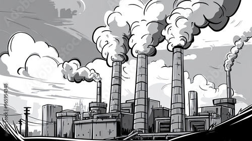 Black and white drawing of an industrial factory releasing smoke.