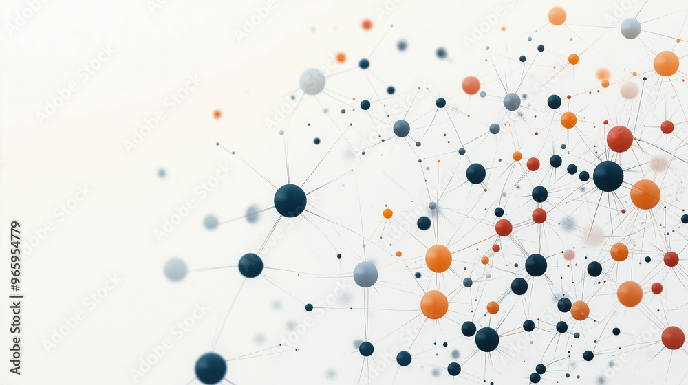 A colorful image of many small spheres, some of which are orange, blue A colorful image of many small spheres, some of which are orange, blue