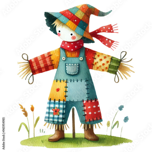 Cute watercolor illustration of a colorful scarecrow
