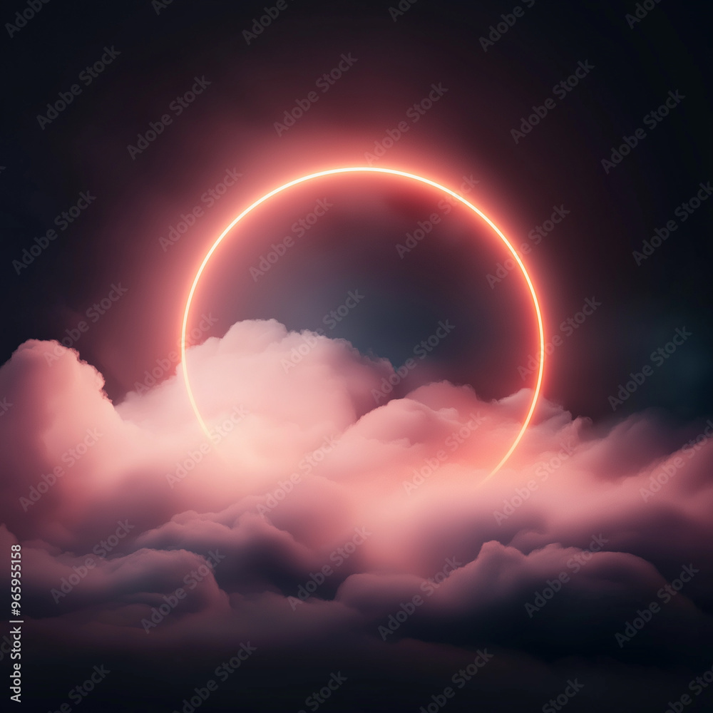 A glowing red circle is in the center of a cloudy sky A glowing red circle is in the center of a cloudy sky