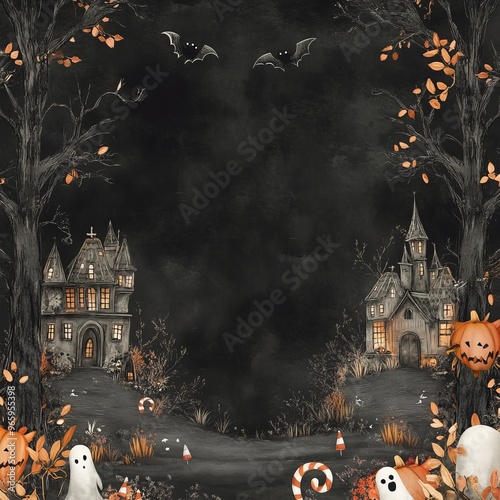 Halloween background with haunted houses, bats, ghosts, pumpkins, and candy canes. photo