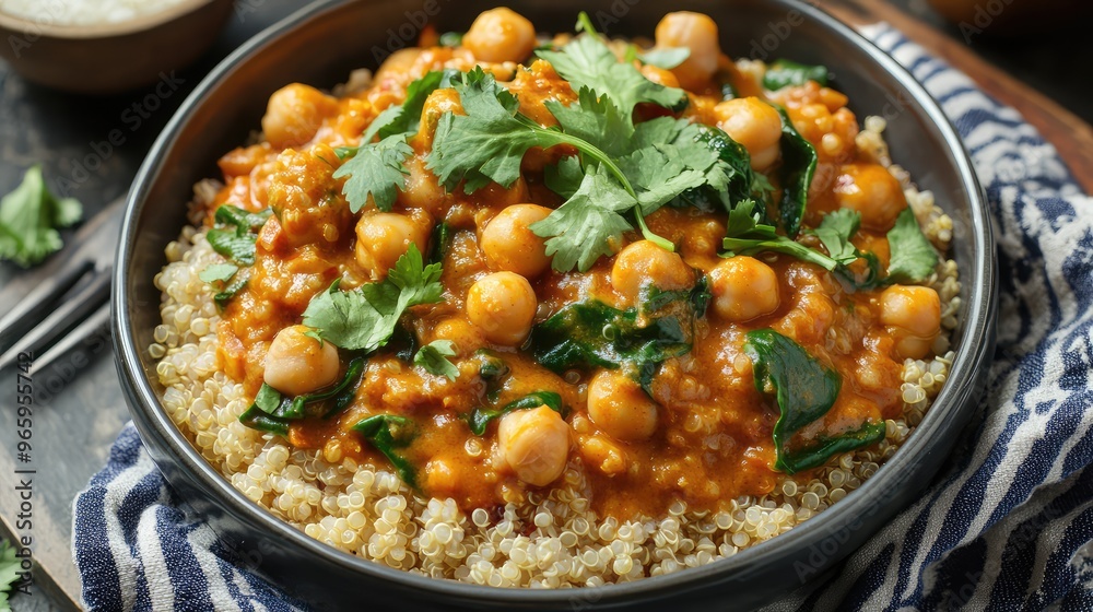 A serving of creamy coconut curry with chickpeas and spinach, garnished with fresh cilantro, served over quinoa A serving of creamy coconut curry with chickpeas and spinach, garnished with fresh cilantro, served over quinoa