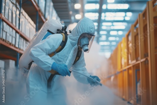 A worker wearing a hazmat suit and mask sanitizes a warehouse
