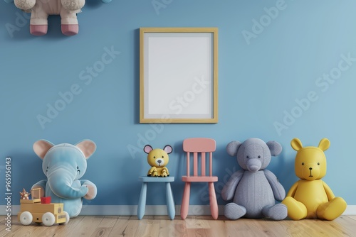 Bright and playful children's room featuring colorful toys and a blank frame for customization.