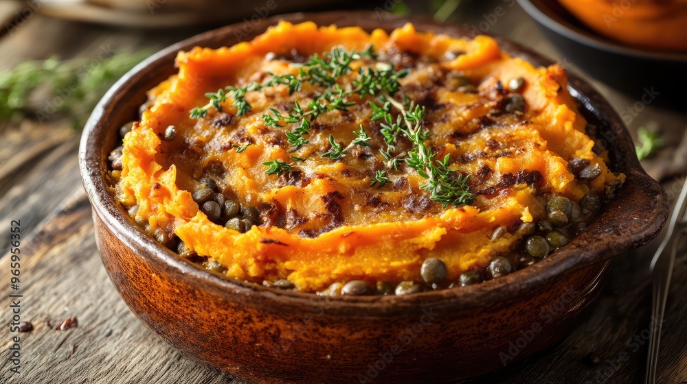 A serving of hearty lentil shepherd pie, with a layer of mashed sweet potatoes on top, baked in a rustic ceramic dish A serving of hearty lentil shepherd pie, with a layer of mashed sweet potatoes on top, baked in a rustic ceramic dish