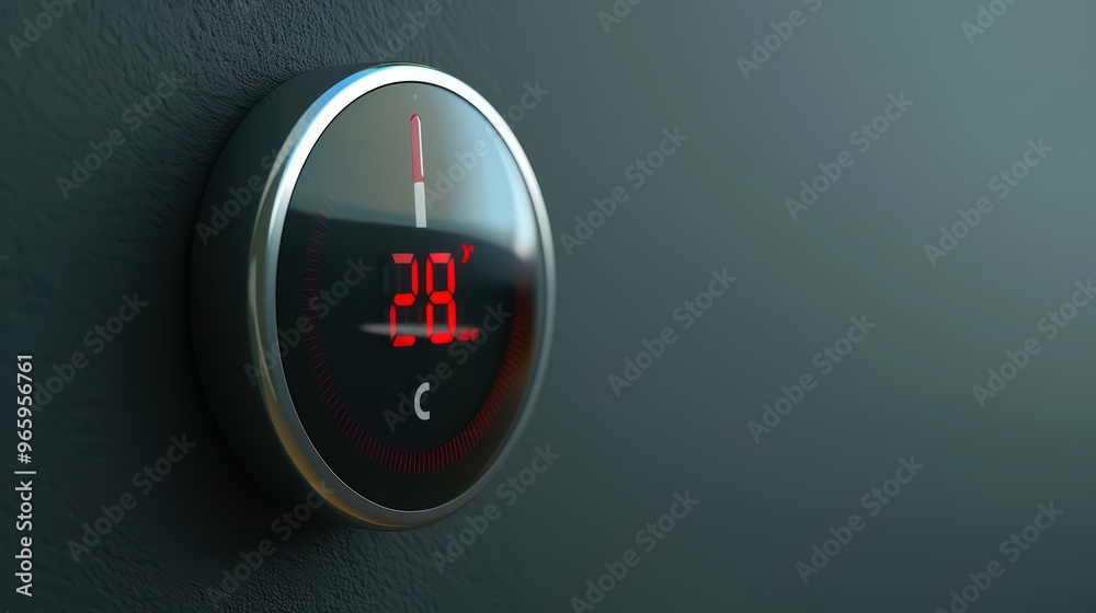 Close-up of a modern thermostat displaying the temperature at 28 degrees Celsius, ideal for energy management and home comfort. Close-up of a modern thermostat displaying the temperature at 28 degrees Celsius, ideal for energy management and home comfort.