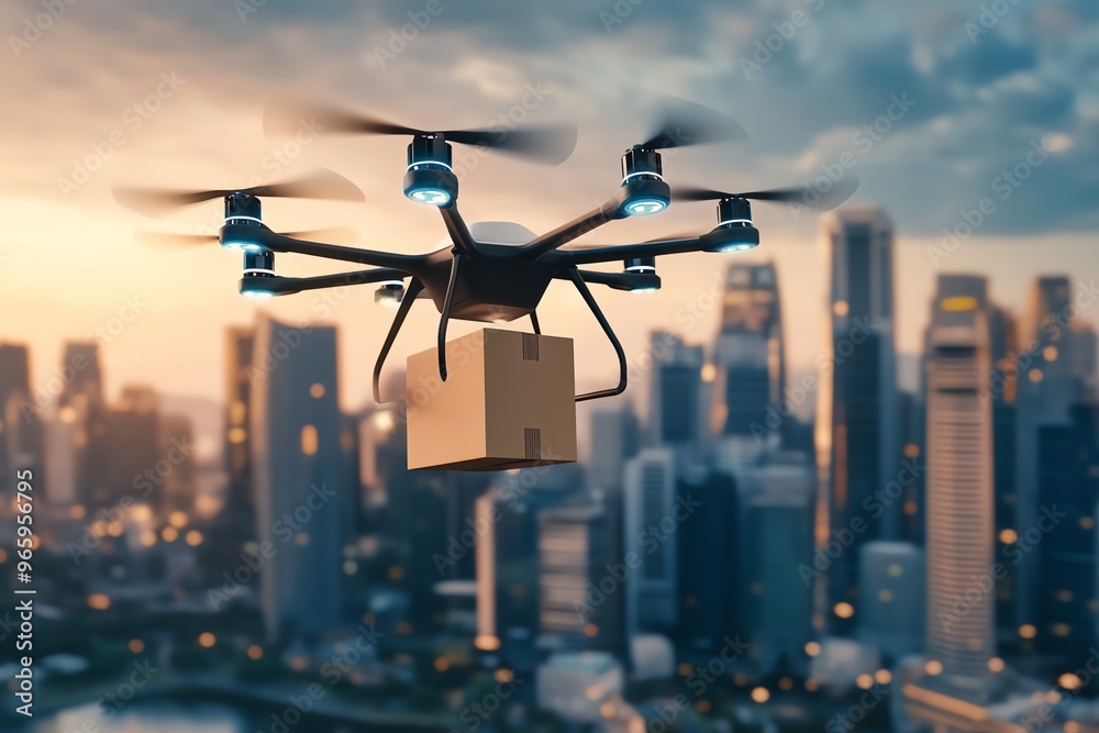 A drone delivering a package over a modern city skyline at sunset, showcasing urban logistics in action. A drone delivering a package over a modern city skyline at sunset, showcasing urban logistics in action.