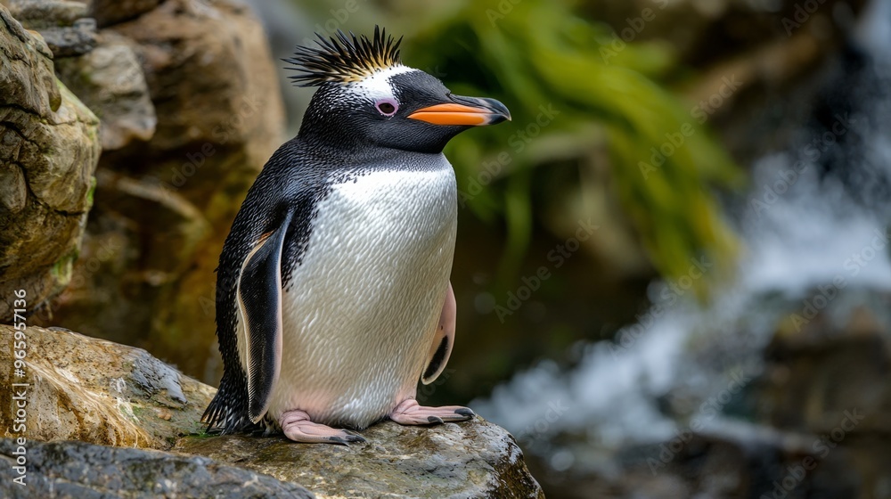 Naklejka premium Northern Rockhopper Penguin (Eudyptes moseleyi) on the beach of Gough Island.