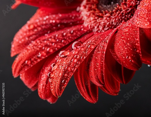 Close-up of a vibrant red flower petal with delicate water droplets.