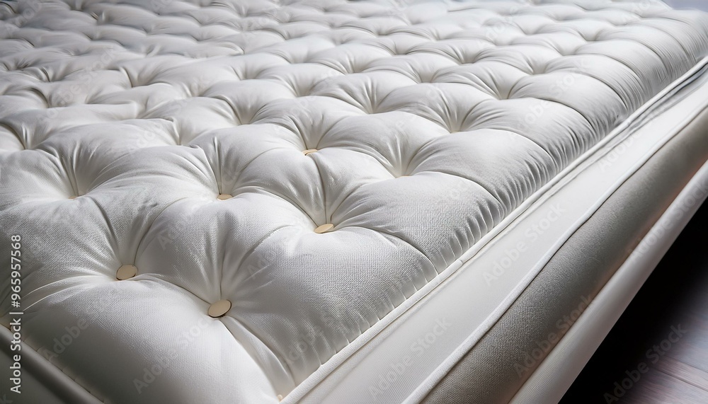 Obraz premium Close-up of a white mattress with tufted design, showcasing luxurious comfort and quality.