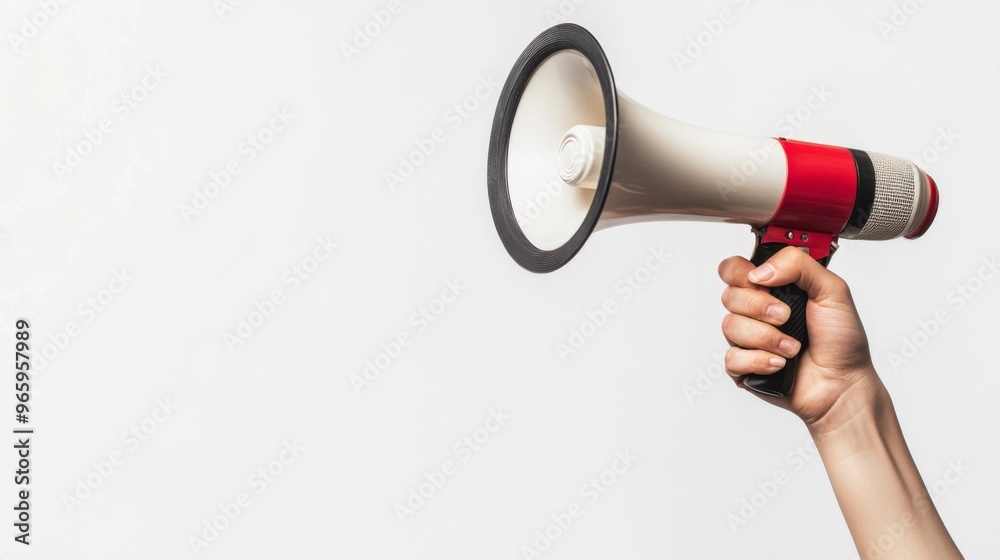 Female hand with megaphone on white background, with copy space Female hand with megaphone on white background, with copy space