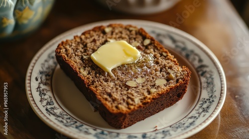 A slice of warm, whole grain banana bread with nuts, placed on a plate with a pat of melting butter on top