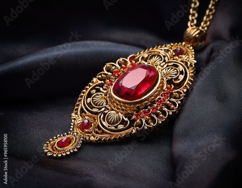 Close-up of an ornate gold necklace with red gemstones and intricate detailing, resting on a dark fabric background.